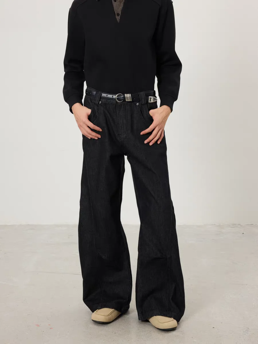 

Original Color Denim Jeans Men's Baggy American Retro Cleanfit Loose A-Line Straight Leg Pleated Knife Pants Casual Fit