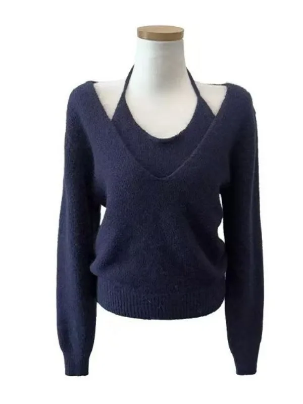 

Зимняя мода для поездок на работу, повседневная одежда, женский свитер большого размера с v-образным вырезом, комплект из двух предметов, удобный свободный вязаный топ