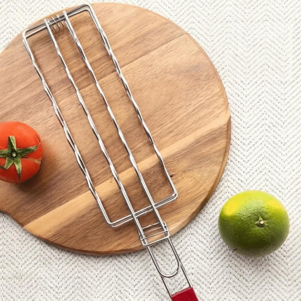 Non Stick Hot Dog Grill Basket Detachable Heat Resistant Sausage Barbecue Net with Wooden Handle Barbecue Net Clip Picnic