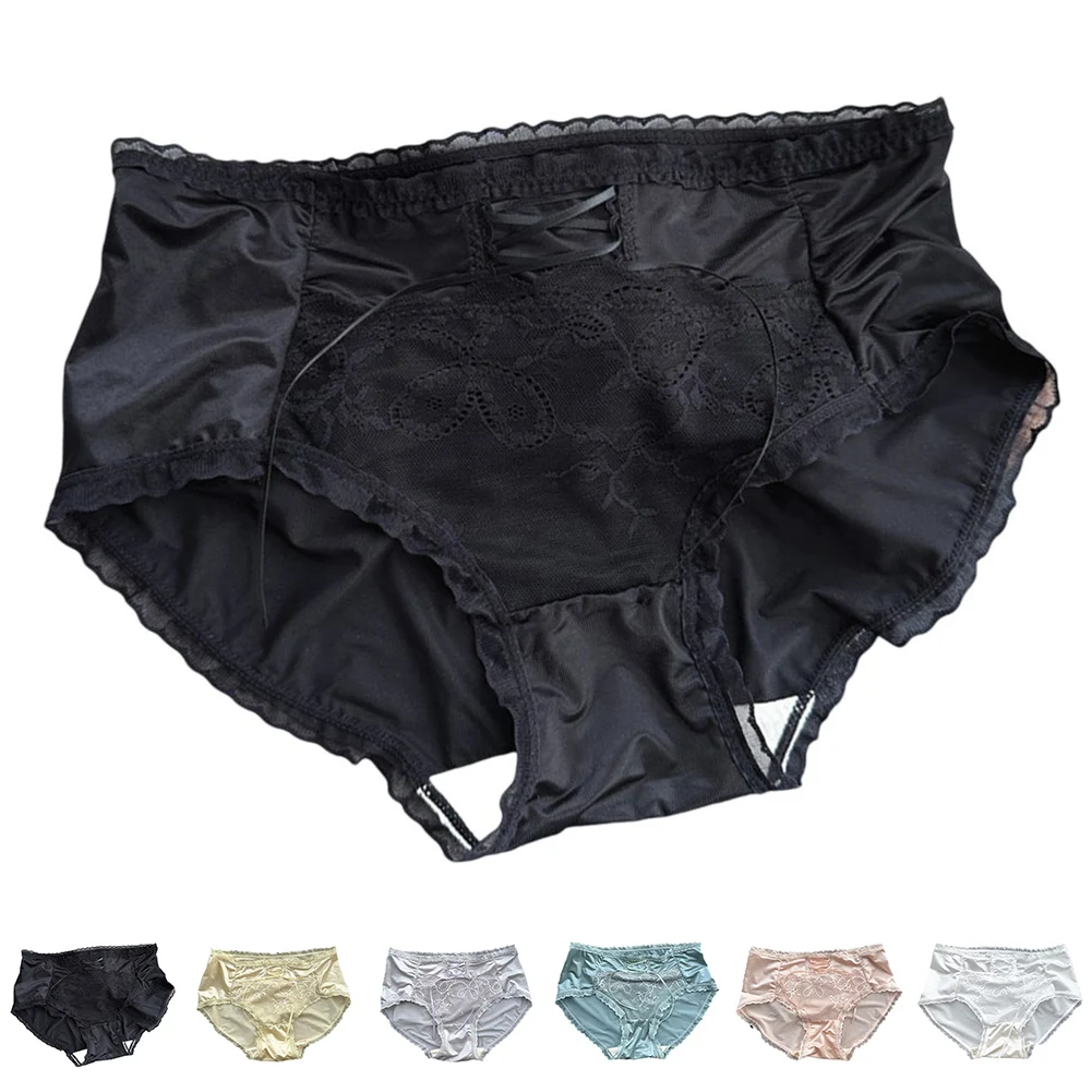 

Womens Shiny Ice Silk Mesh Japanese Princess Panties Splicing Lace Up Penetration Mid-Waist SoftWomen's Panties Thin Strap Lace