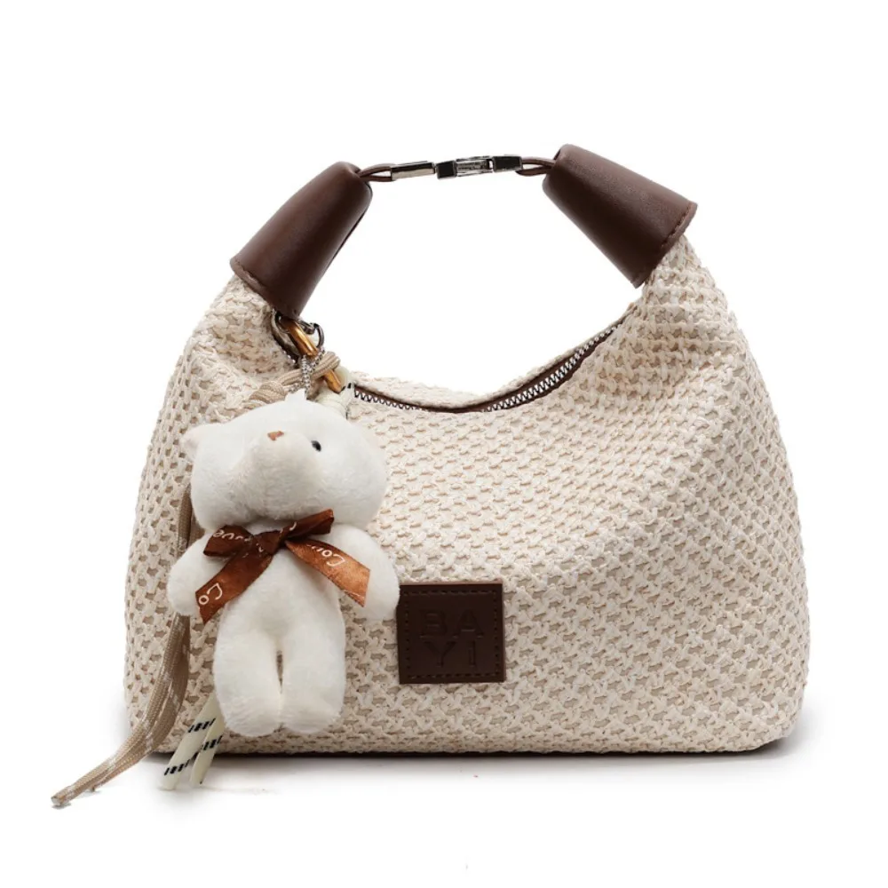 

Simple Woven Style Shoulder Bag Large Capacity Creative Straw Weaving Handag Casual Fashion Crossbody Bag with Bear Pendant