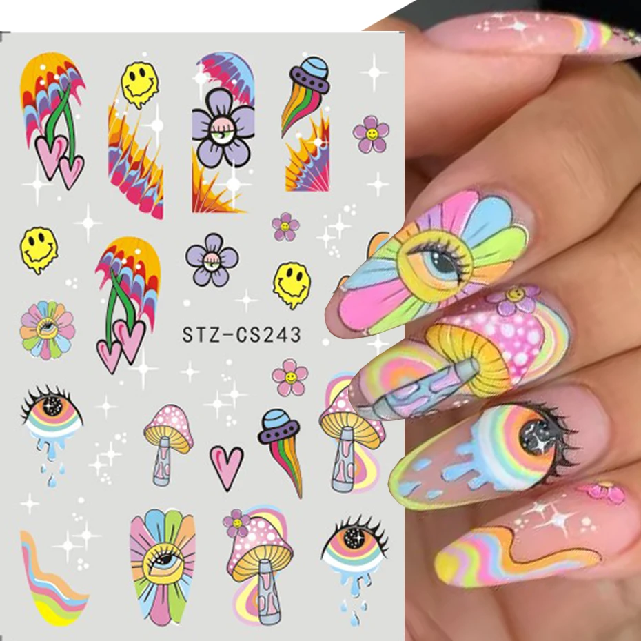 Pegatinas adhesivas para uñas, 9 piezas, flor de mal de ojo, hongo, estrella, Luna, cara sonriente, decoración artística de uñas, diseño colorido