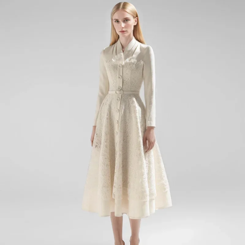 Elegant Vietnamese Niche High-End Lace Two-Piece Illusion Long Sleeve A- Line White Dress Autumn/Winter Felicity Dress