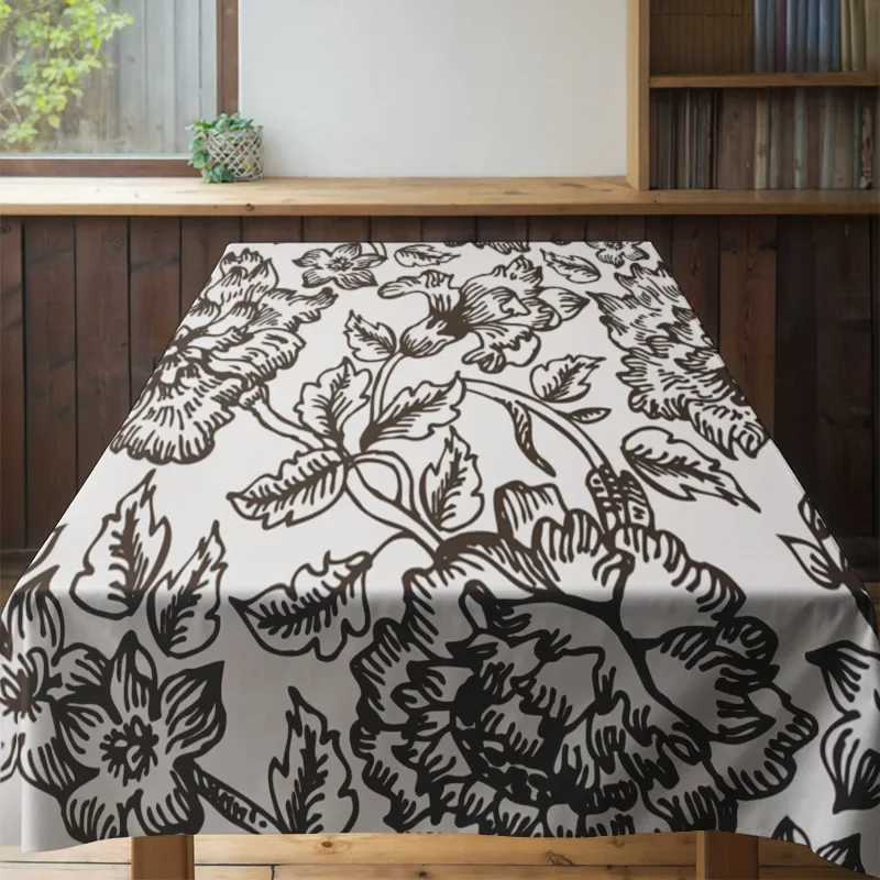 مفرش المائدة خمر الأزهار أسود أبيض مطبوعة القطن الكتان المطبخ الديكور ديكور المنزل الطعام غطاء قابل للتعديل #4