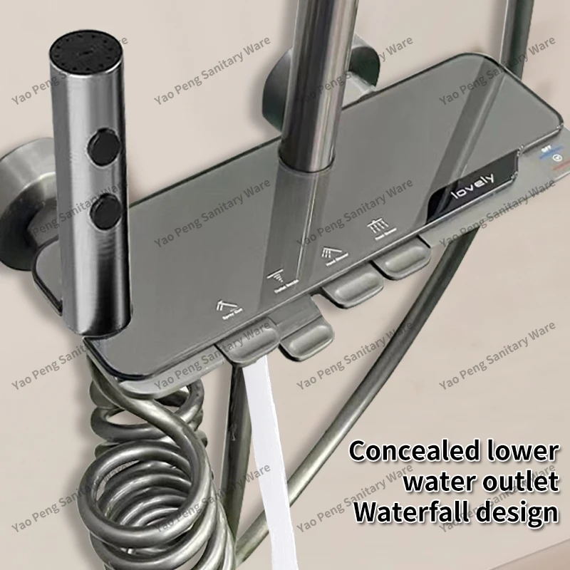 Gray Copper Piano Shower Set 4 Functions Rainfall Shower Head Hot and Cold Bathroom Shower System