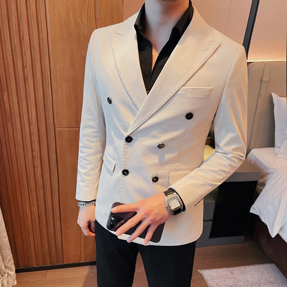 New Classic Corduroy Casual Men Suits Slim Double Breasted Groom Tuxedos Tailor Made Jackets Male Blazers Costume （Only Coat）