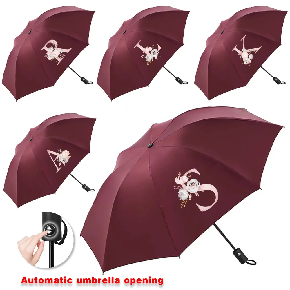 Automatic Umbrellas for Sunshine Rainy Windproof Strong Umbrella Folding Large Buckle Handle Double Bone Resistant Pink flower