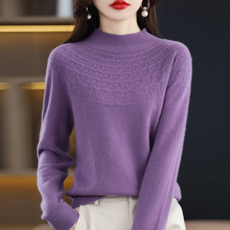 First Iine Ready To Wear 100% Pure Wool Sweater Somen's Hollow Knitted Pullover Sweater Autumn And Winter New Half High Neck Top