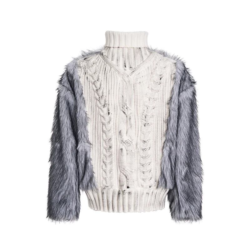 High Street Patchwork High Neck Sweater Men's Autumn and Winter with Thick Velvet Lining and Hand-painted Knitted Sweater Tops