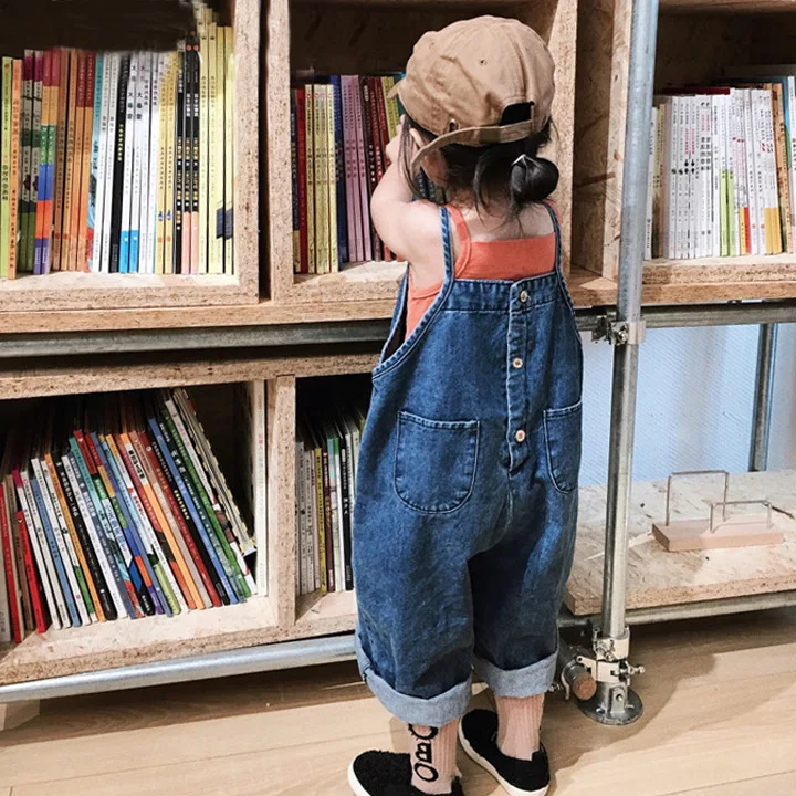 3-9 years old spring baby Korean version denim suspenders kids 23 new men's and women's pants net red denim suspenders