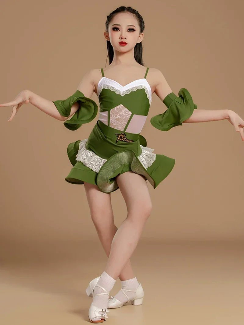Зеленый костюм для латинских танцев для девочек, детский тренировочный кружевной комбинезон без рукавов и большие распашные юбки, детская танцевальная одежда