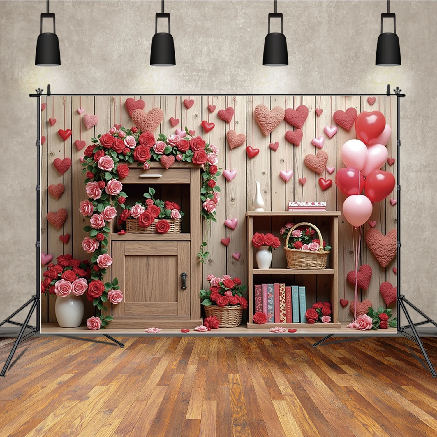 

MOON.QG Valentine Photography Backdrop Heart Balloon Cabinet Photo Background Wedding Studio Photobooth Sets Party Decoration