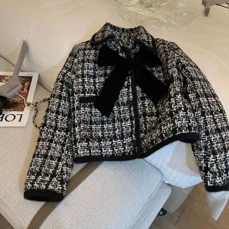 Kobiety Jesień Zima Preppy Styl Plaid Bowknot Wełniane Płaszcze Sukienka 1 lub Dwuczęściowy Zestaw Lady Falls Nowe Luźne Kurtki Spódnice Stroje