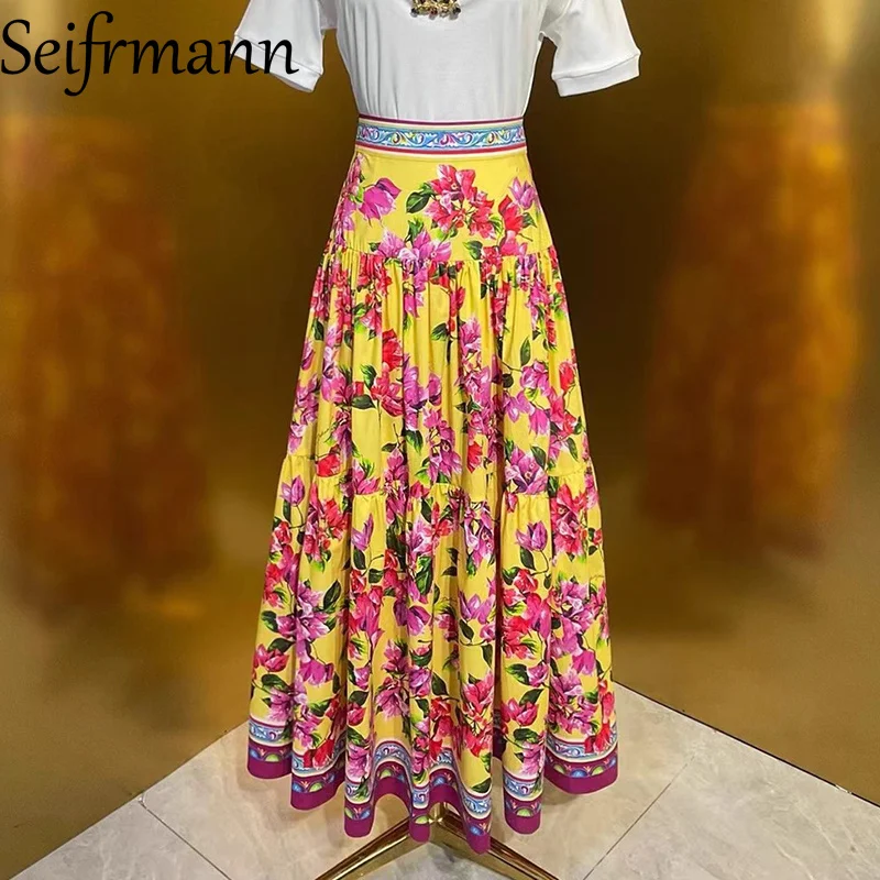Seifrmann printed cotton half skirt for autumn 2025, A-line pleated skirt with side length