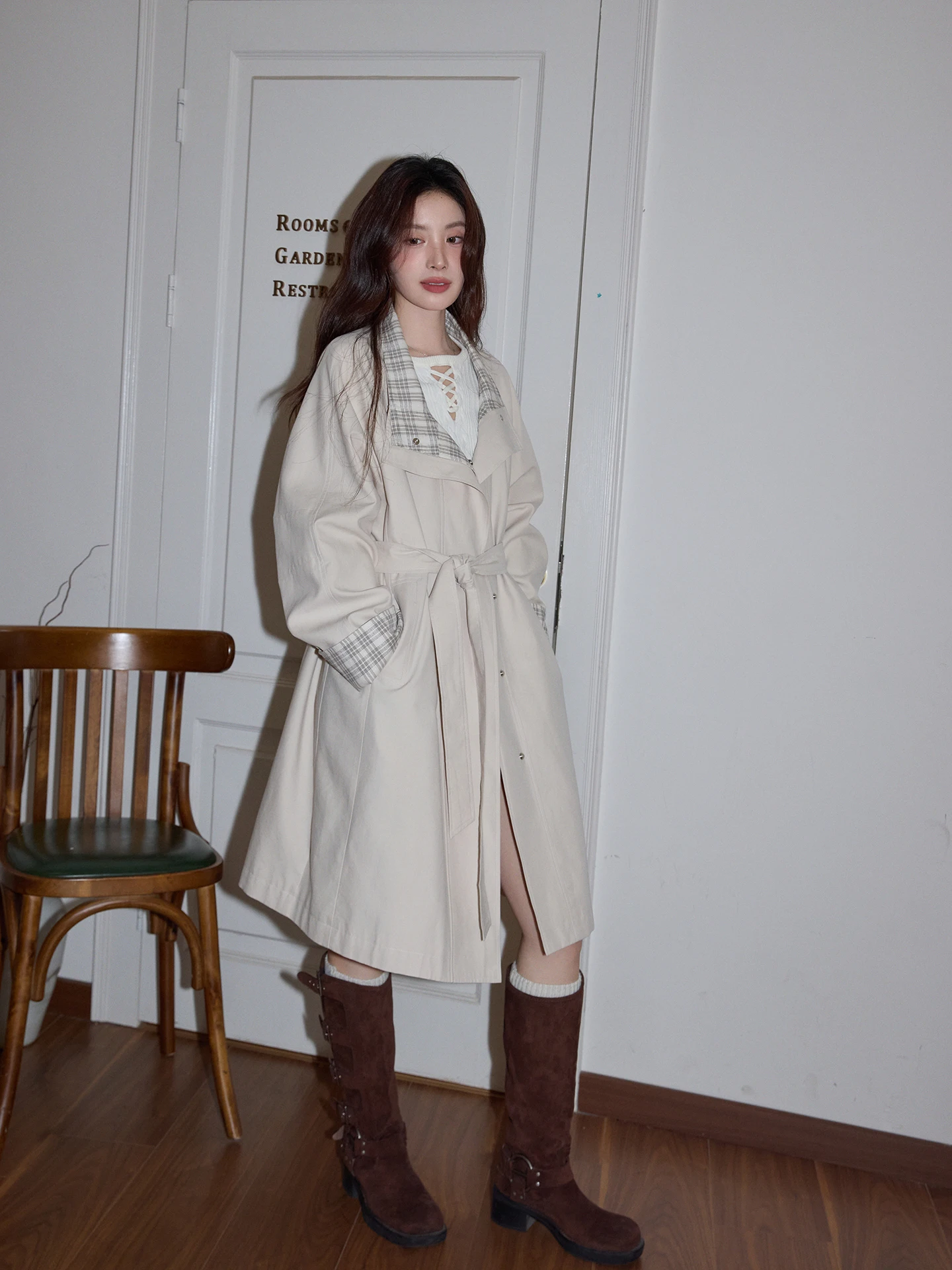 

Женская ветровка Chaocha Home с клетчатым воротником, свободного кроя, повседневная, осенне-зимняя, с длинными рукавами, двубортное пальто в корейском стиле