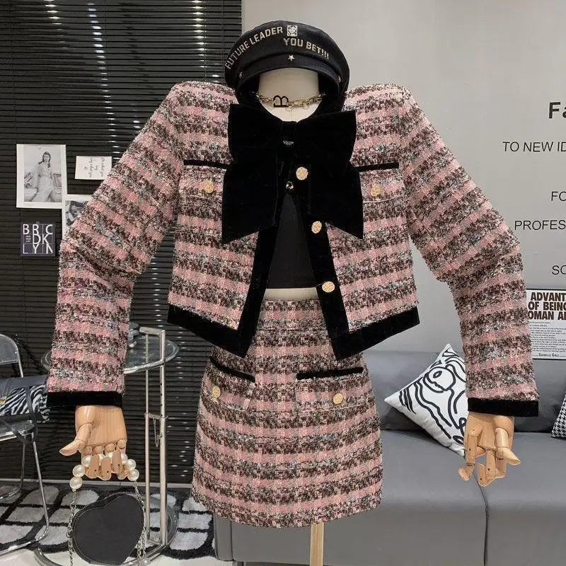 

Insozkdg Luxury High-end Socialite Bow Tweed Coat High Waist Slimming Mini Skirts Set Autumn/Winter Two Piece Set Women Outfits