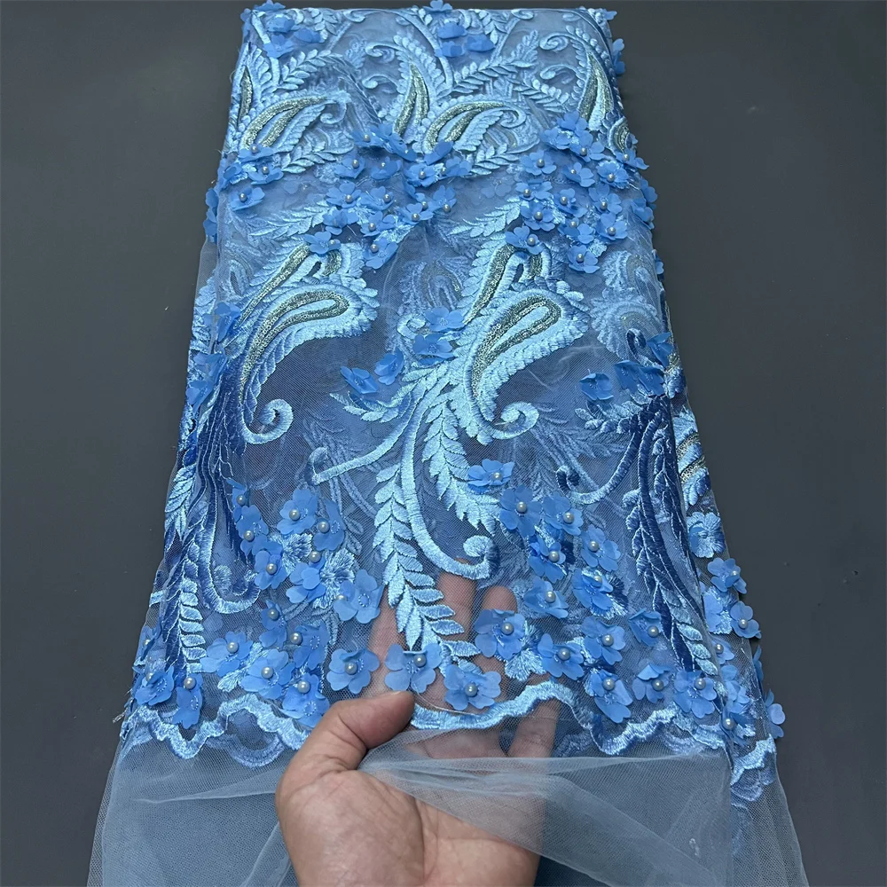 

2025 African Nigerian High-Quality Sequins Tulle Lace Fabric for Prom Dresses Beads Embroidery Sewing Net Cloth 5Yard ZJ073