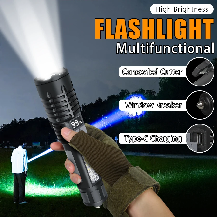 Super Bright LED Zoom Flashlight USB Rechargeable Lantern With Window Breaker Multi Functional Waterproof Outdoor Camping Torch