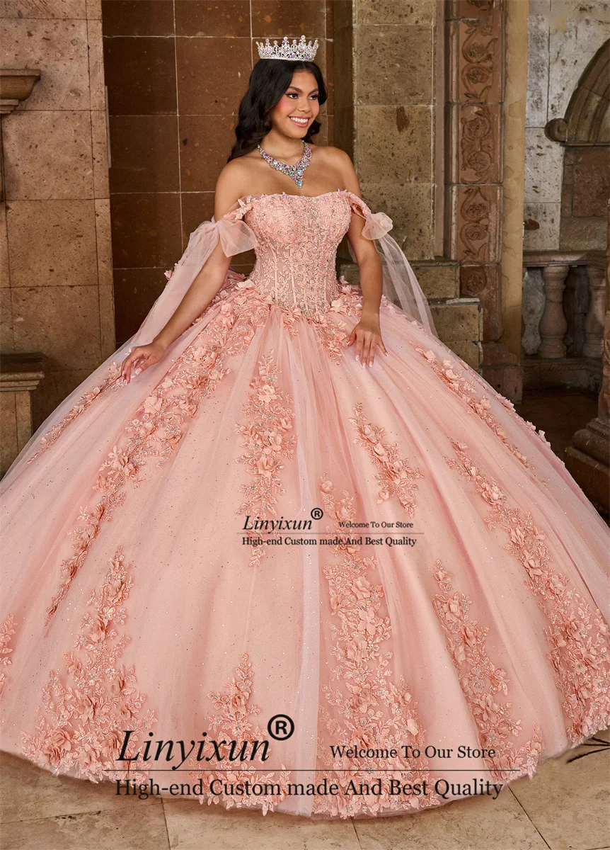 Princesa vestido de baile rosa fora do ombro, Lace-Up, Lace-Up, Frisado, Flores 3D, Babados, 16 Vestidos de Aniversário, Vestidos Quinceanera, México, 2024