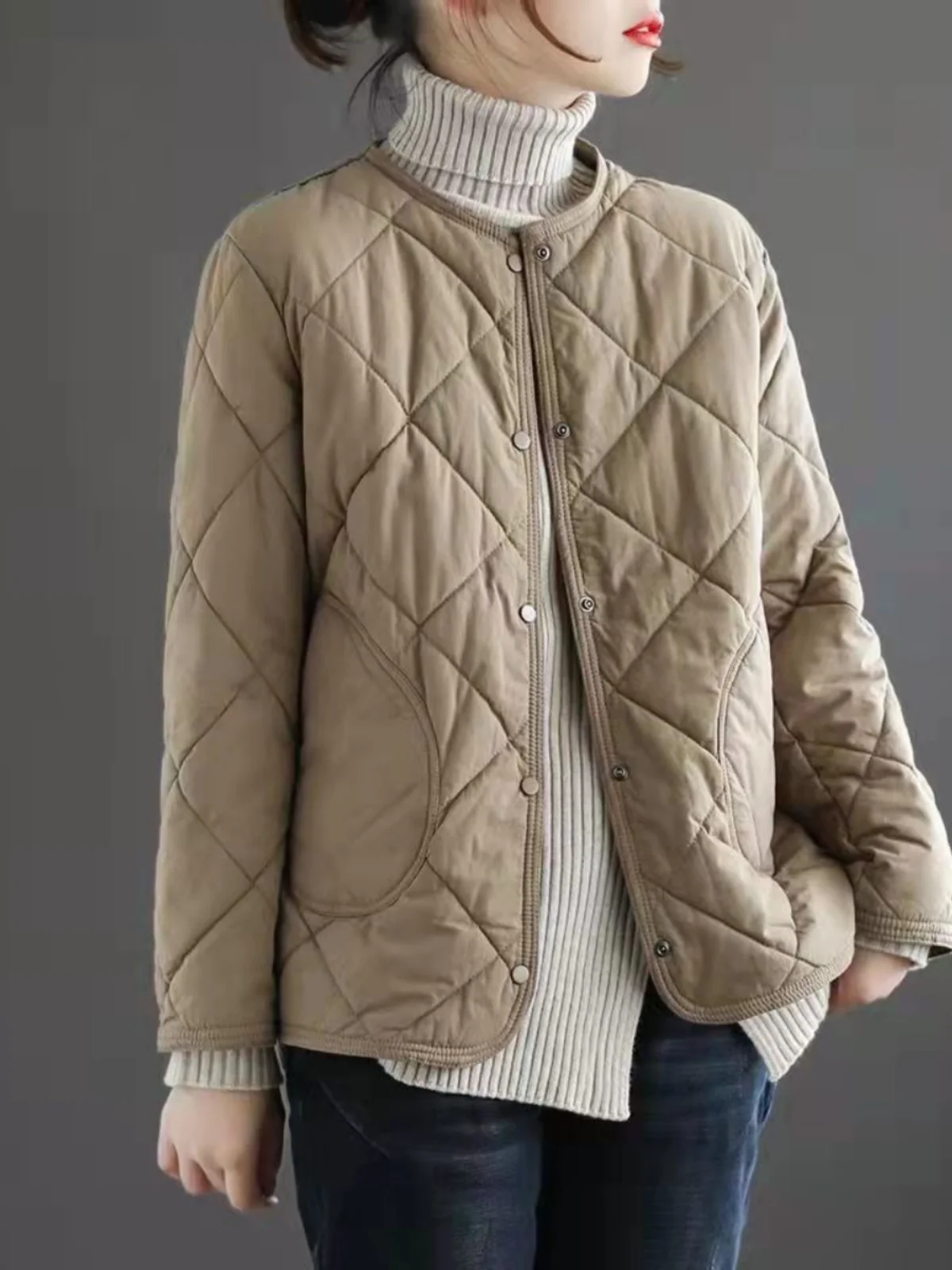 

Женская легкая хлопковая куртка-пуховик с ромбовидным узором, стеганая, свободного кроя, с длинными рукавами