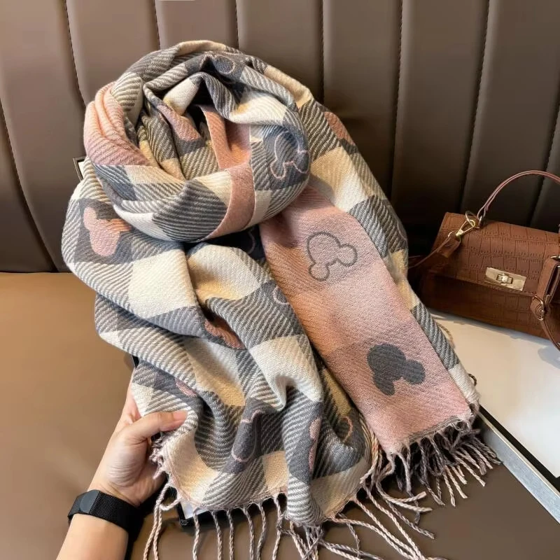 Disney Mickey Autumn Winter Scarf Cartoon Maillard Style Plaid Thickened Scarf Women Senior Sense Shawl Girl Christmas Gift