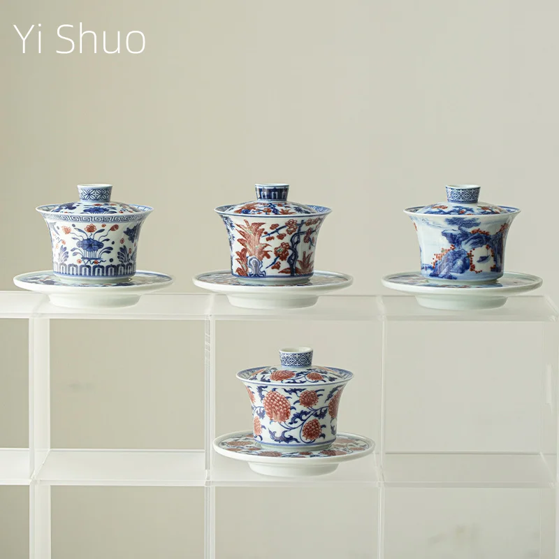 

Сине-белая подглазурная красная трехзумная крытая чаша, набор для заваривания китайского чая, бытовой кунг-фу, гавань, высококачественная противоожоговая чаша