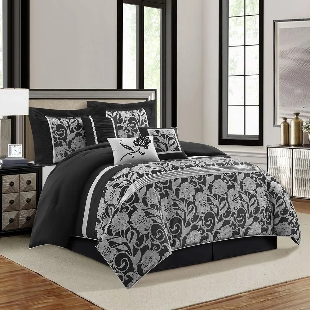 Black Sliver Comorter Set King Size, 7 Piece loral Bedding Set, All Season, Ultra-Sot, Matching Pillows & Shams, Bed Skirt