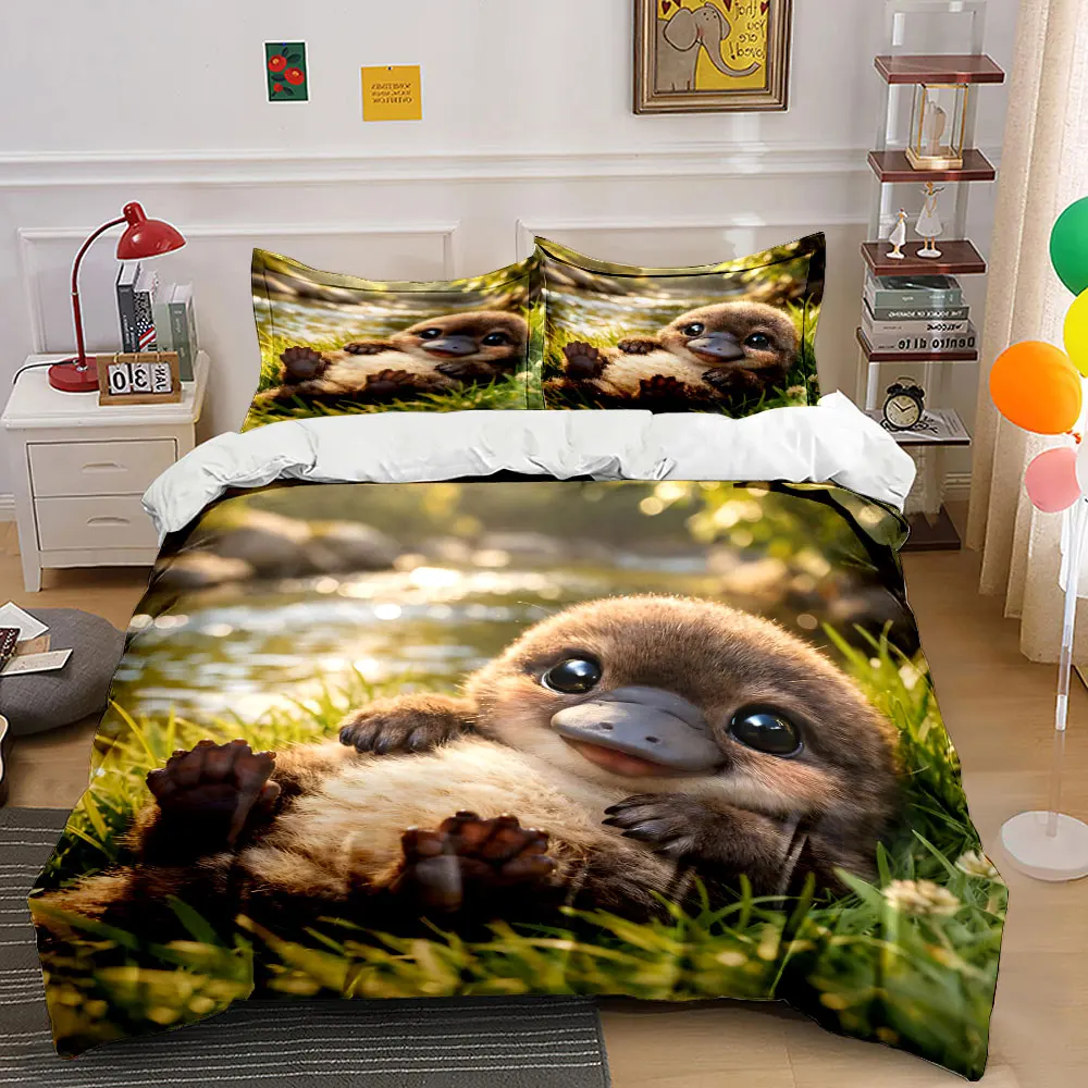 Platypus resting by riverside Bedding Set for Kids Luxury Gift 3pcs Digital Print Comforter Set Soft Comfortable Breathable