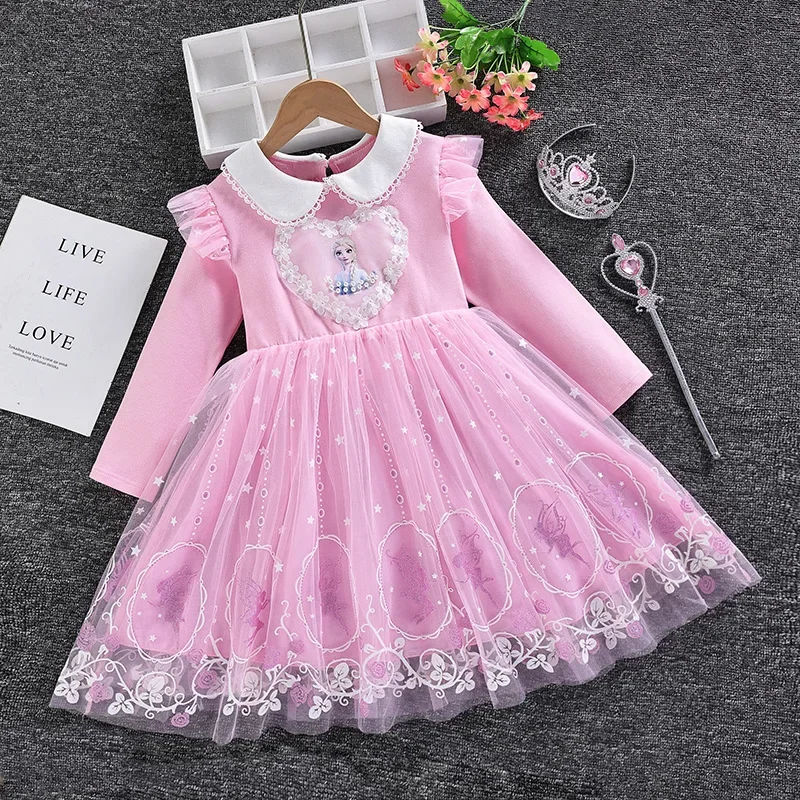 Disney 2-10Y Frozen Snow Queen Elsa vestido de princesa niñas primavera otoño ropa niños de manga larga para fiesta infantil vestido de Elsa