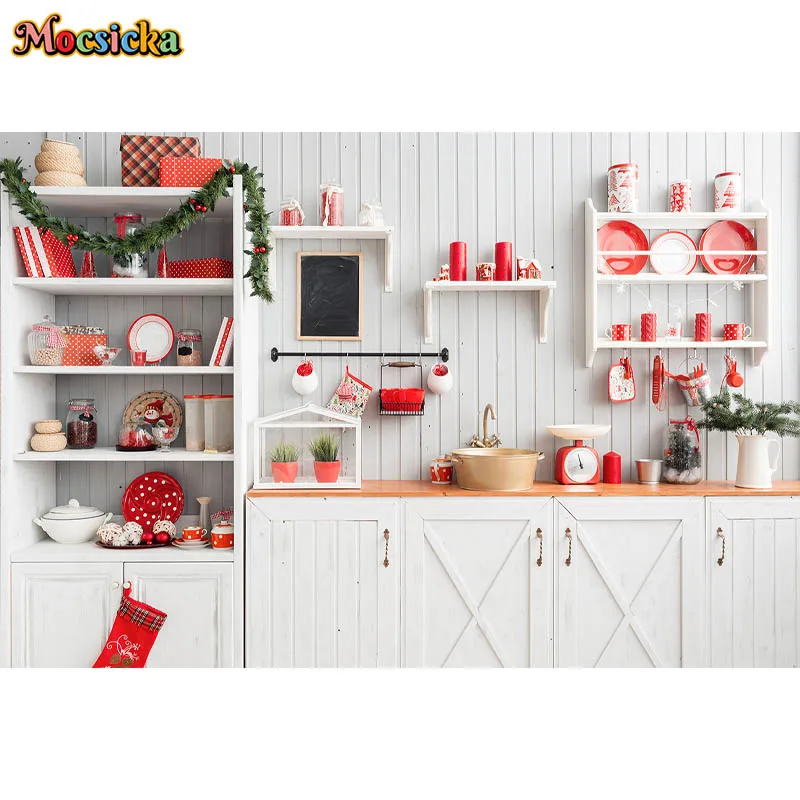 Christmas Modern Kitchen Photography Background White Cabinets Wood Wall Cook Decor Kids Birthday Portrait Backdrop Photo Studio