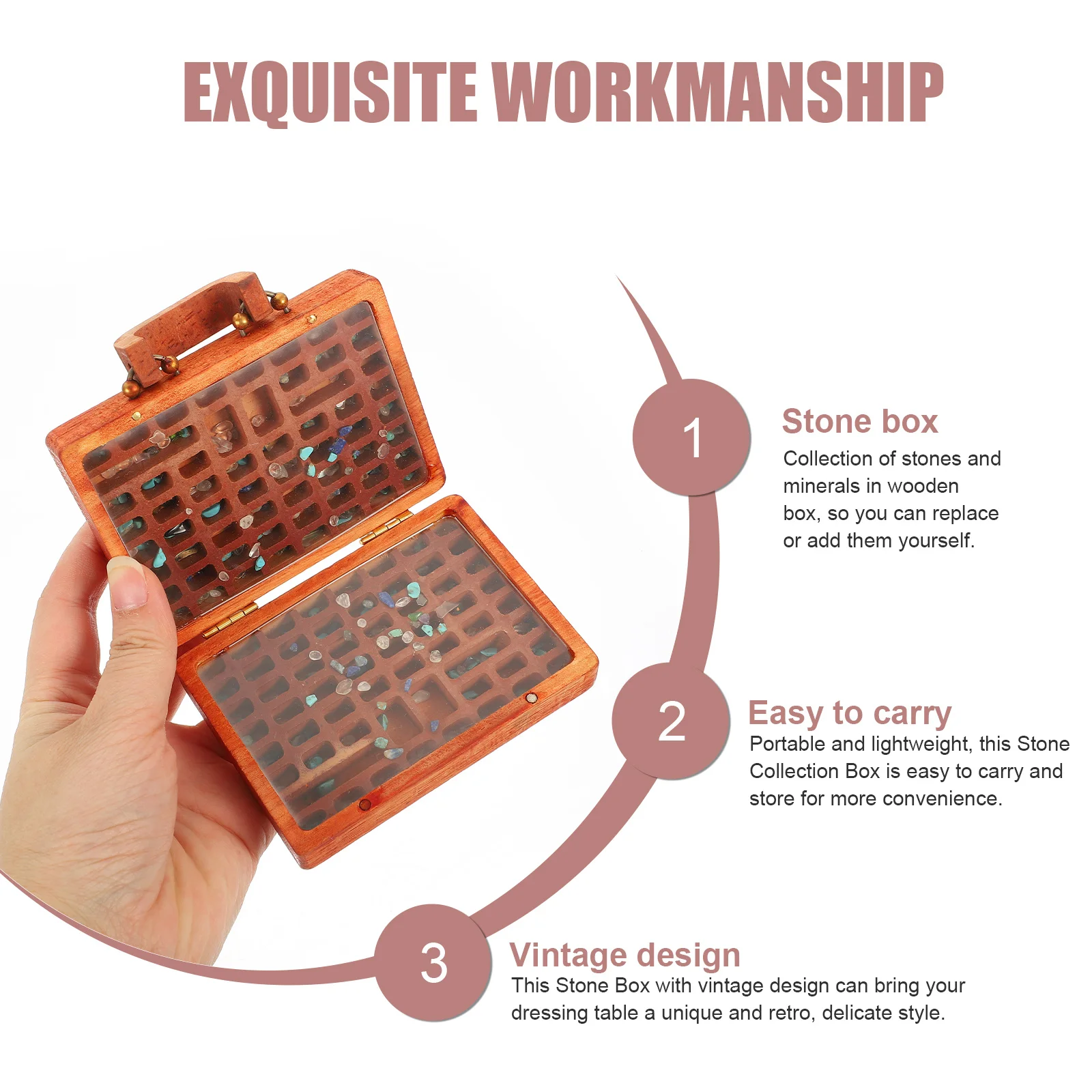 

Stone Collection Box Vintage Wooden Crystal Organizer Portable Gemstone Storage Case Retro Style Decorative Treasure Box