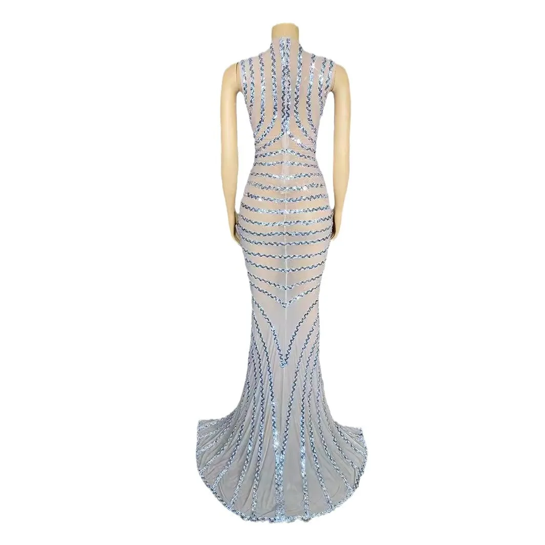 

Sleeveless Long Dress - Hot Diamond Mesh, Perspective Middle Slit, Ideal For Party, Reception, Wedding & Birthday Party Vestito