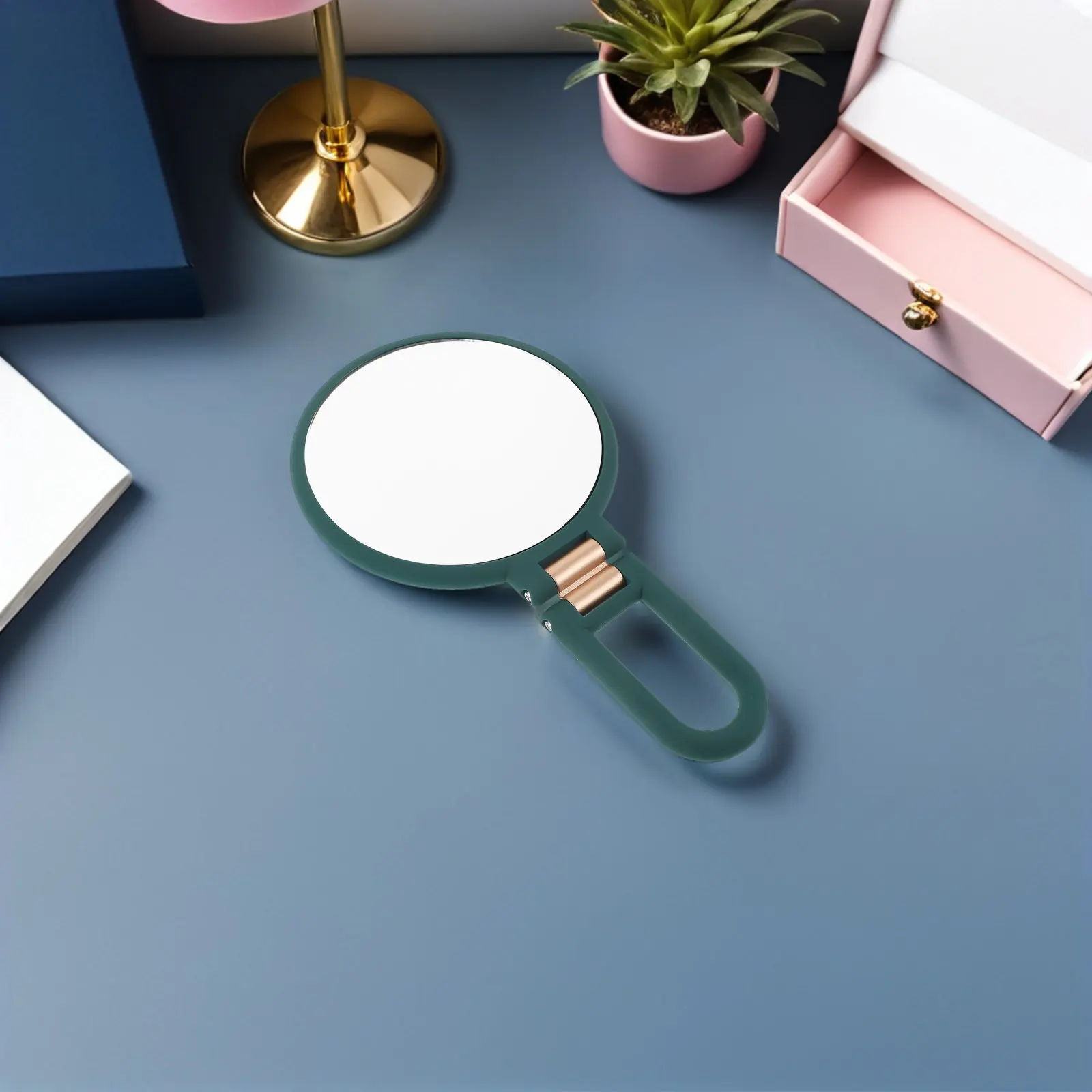 2Pcs Stylish Green Double Sided Makeup Mirror 15X Magnifying Handheld Portable Compact Travel Mirror for Touchups