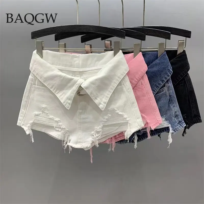 Personality Tassel Hole Design Denim Shorts Skirts Female High Waist Loose Wide Leg Short Jeans with Belt Fashion Summer