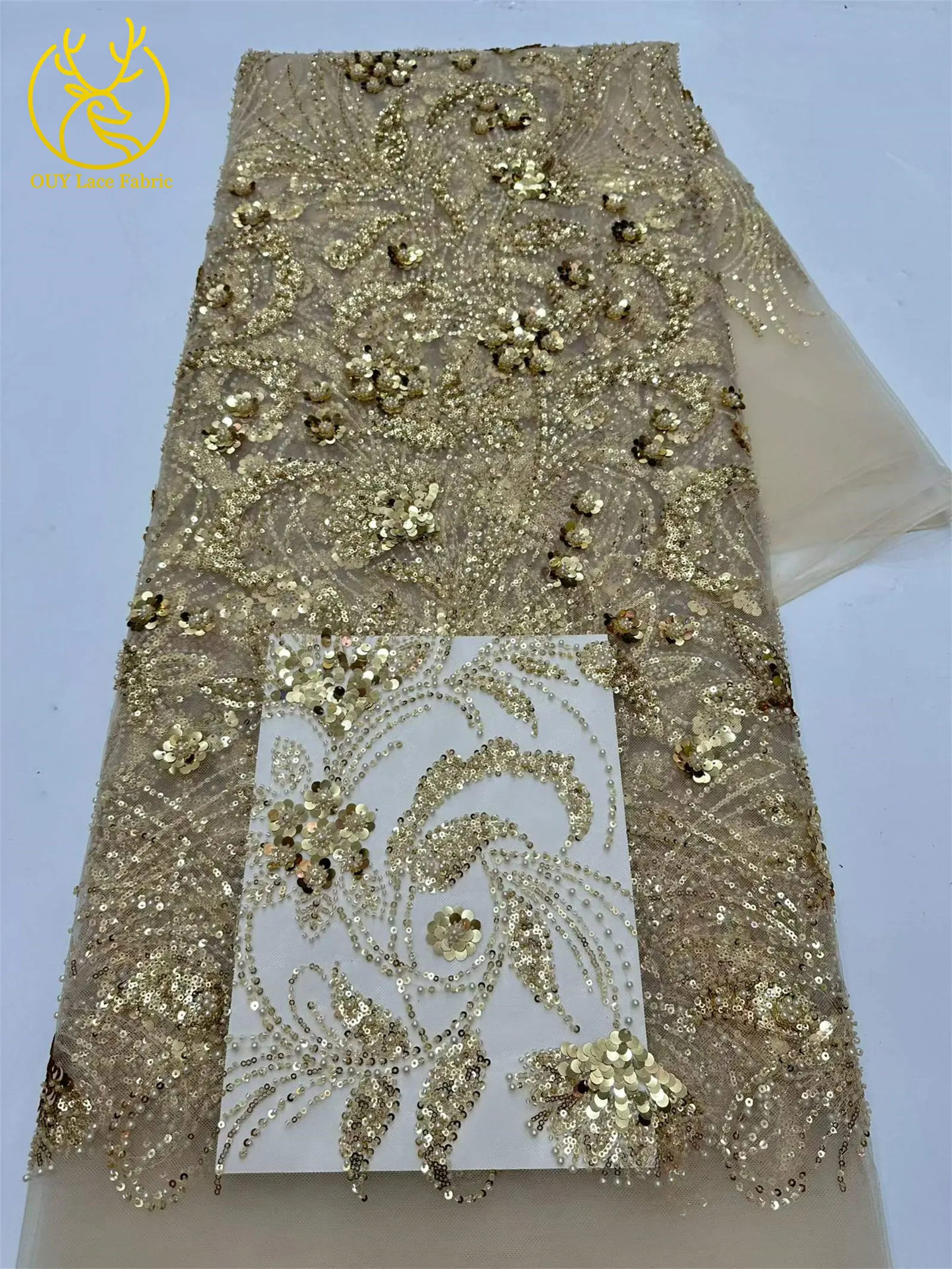 Eleganter 5-Yard-Paillettenstoff mit Kleinen Blumen, Afrikanischer Perlen-Pailletten-Spitzenstoff, Nigerianischer Luxuriöser Pailletten-Netzstoff für Kleider und Näharbeiten – Detail 28