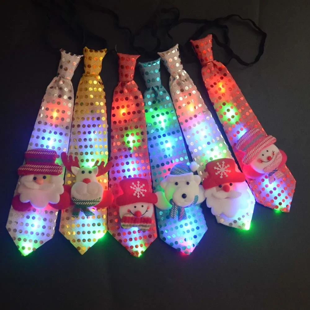 1pcs Boy Girl Women LED Light Up Sequin Santa Claus Snowmen Elk Tie Glow Party Bow Navidad Christmas Halloween