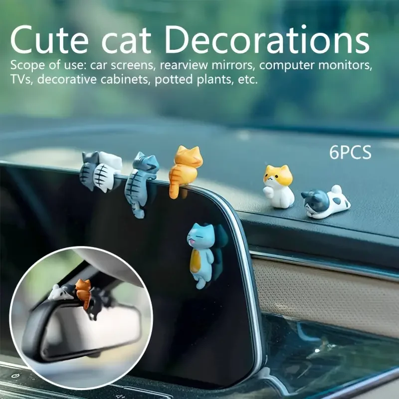 6pcs PVC Cartoon Cat Figurines for Car Dashboard, Plant Pots, and Screen Edge Decor