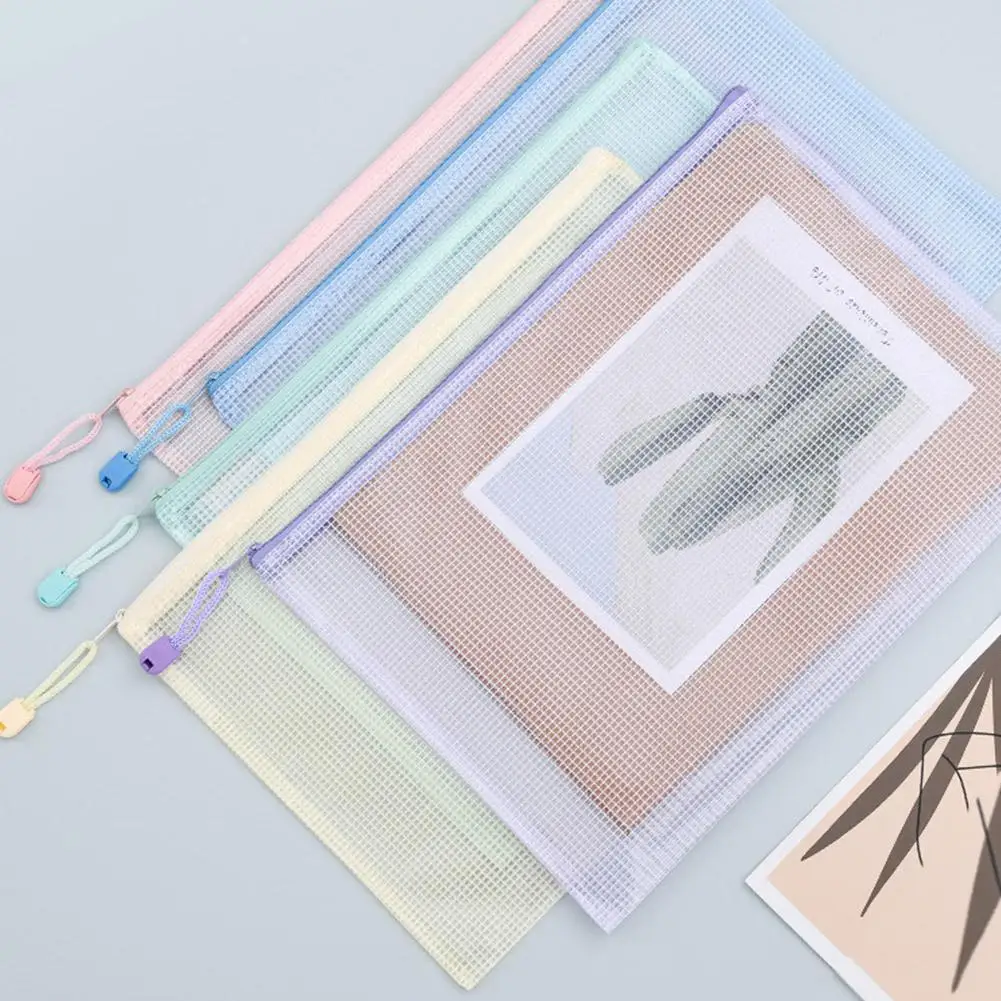 5pcs Mesh Zipper Pouch Document Bag Waterproof Zip File Folders A4 School Office Supplies Pencil Case Storage Bags