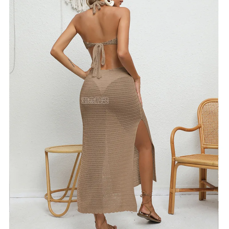 Robe de plage sexy et ajustée, avec taille exposée, col licou, bretelles en V profond, protection solaire, robe longue une pièce