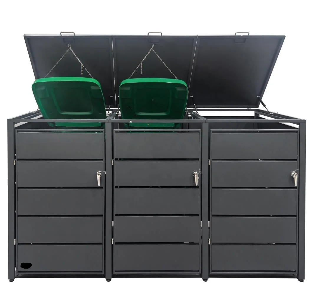 Double Door Metal Steel Wheel Garbage Bin Lid Cabinet Outdoor Garden