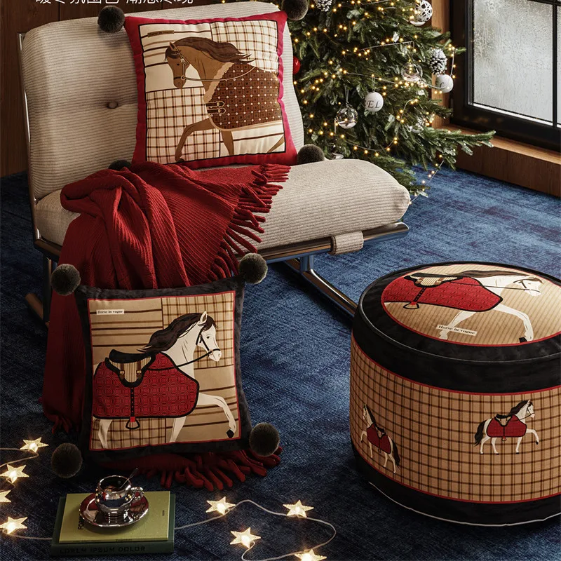 Red Velvet Cushion Cover Horse Print Pillowcase Shell New Year Christmas Gift For Sofa Home Bed Couch Light Luxury Decorative