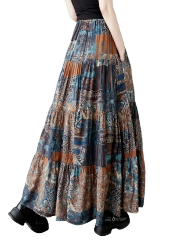 Ele مجردة طباعة الحرير f تنورة ألف خط ماكسي الصيف خمر حجم كبير المرأة Faion التخسيس عالية الخصر تنورة طويلة #5