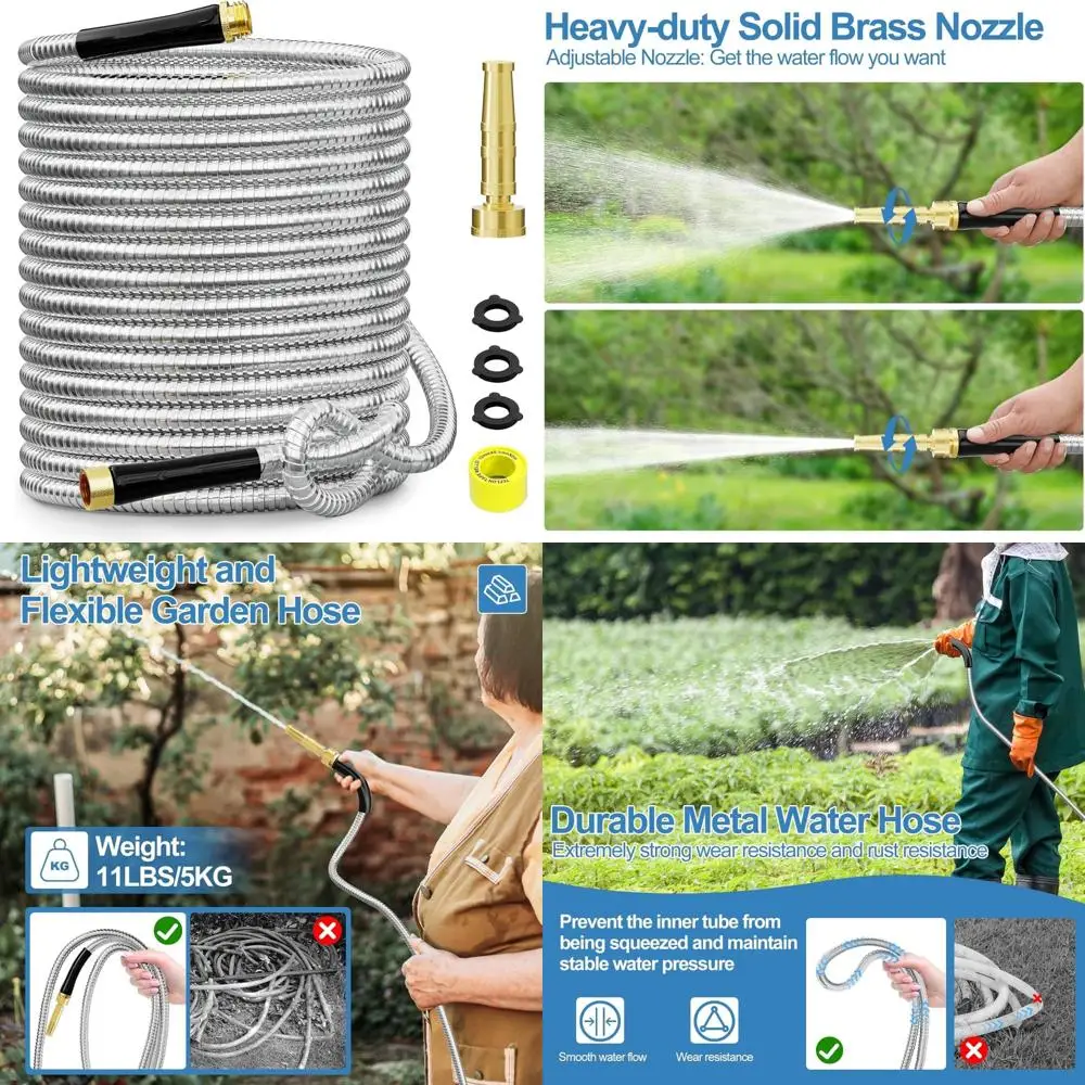 

Heavy-Duty 100ft Stainless Steel Garden Hose with Flexible Design and 3/4 Inch Brass Connections for Durable Water Supply