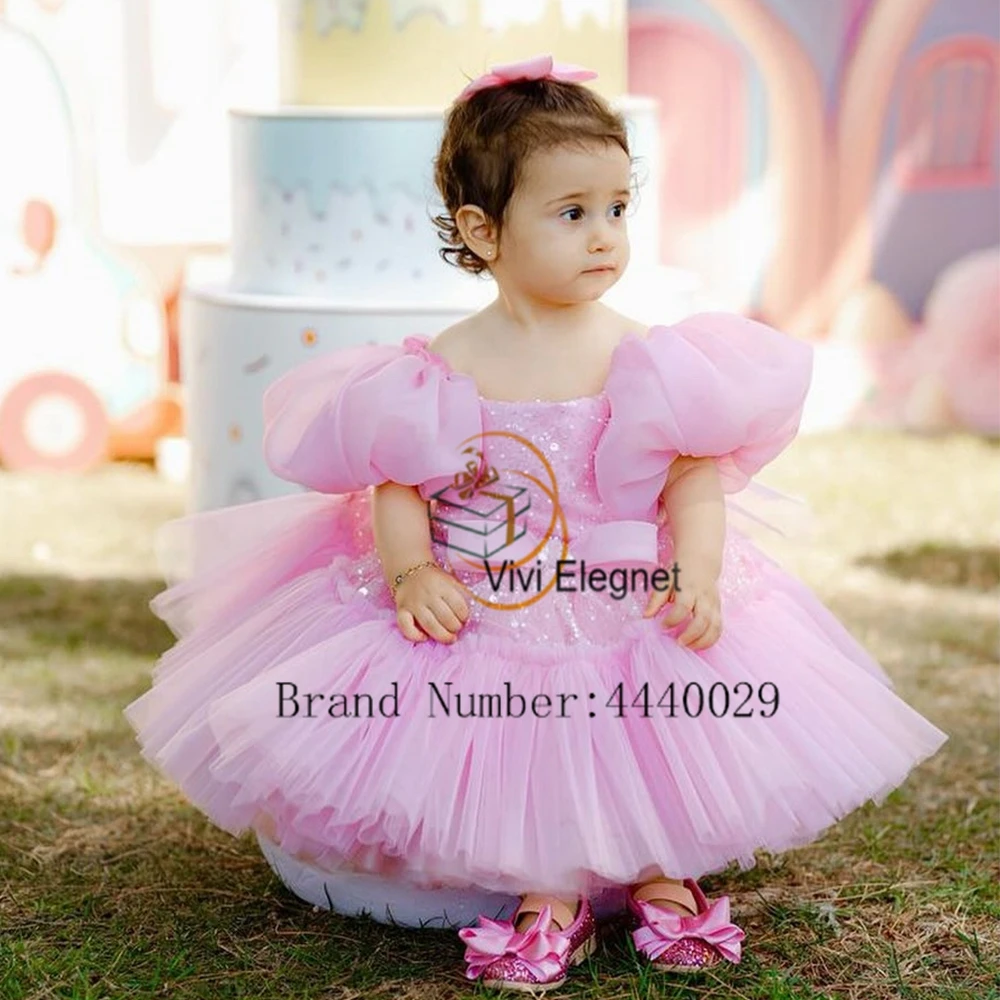 

Fashion Pink Flower Girl Dresses Sequined 2025 Puffy Short Sleeve Wedding Party Gowns for Birthday New Summer فساتين اطفال ل