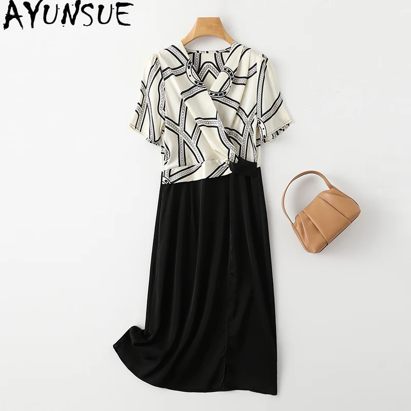 

AYUNSUE 92% Real Mulberry Silk Women's Dresses Printing Mid Long Dresses Luxury Women Clothing A Line Summer Dress New 2024