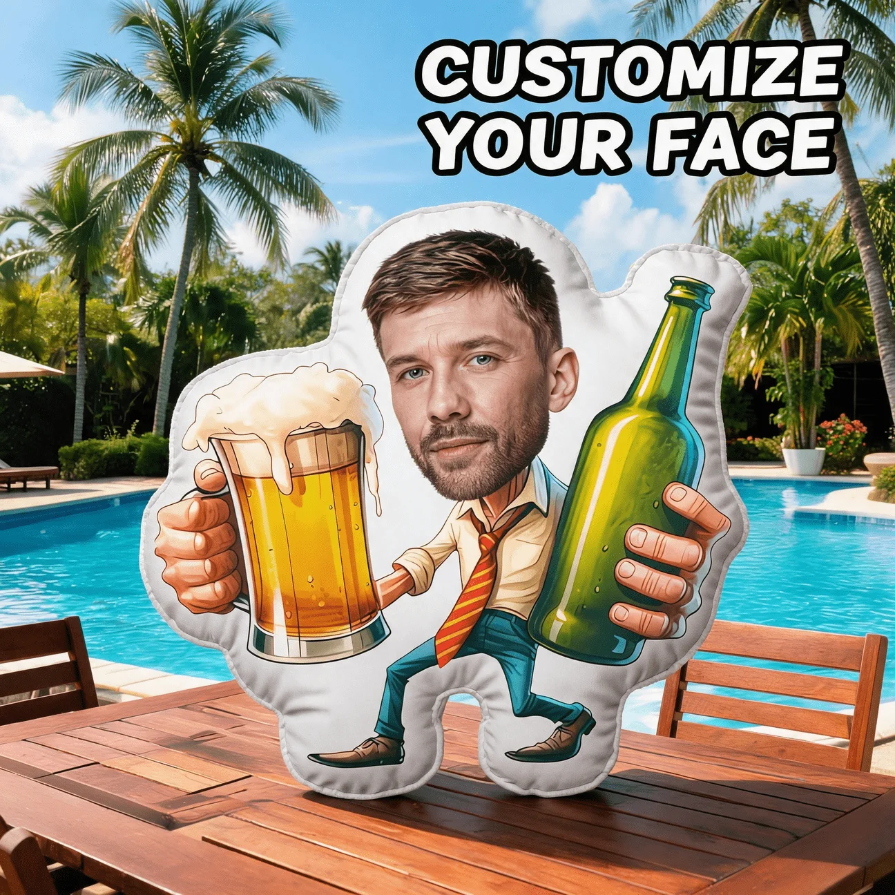 Custom Funny Face-Shaped Pillow, Personalized Photo Man Holding Beer & Bottle Decorative Cushion, Unique Home Decor Accent for S