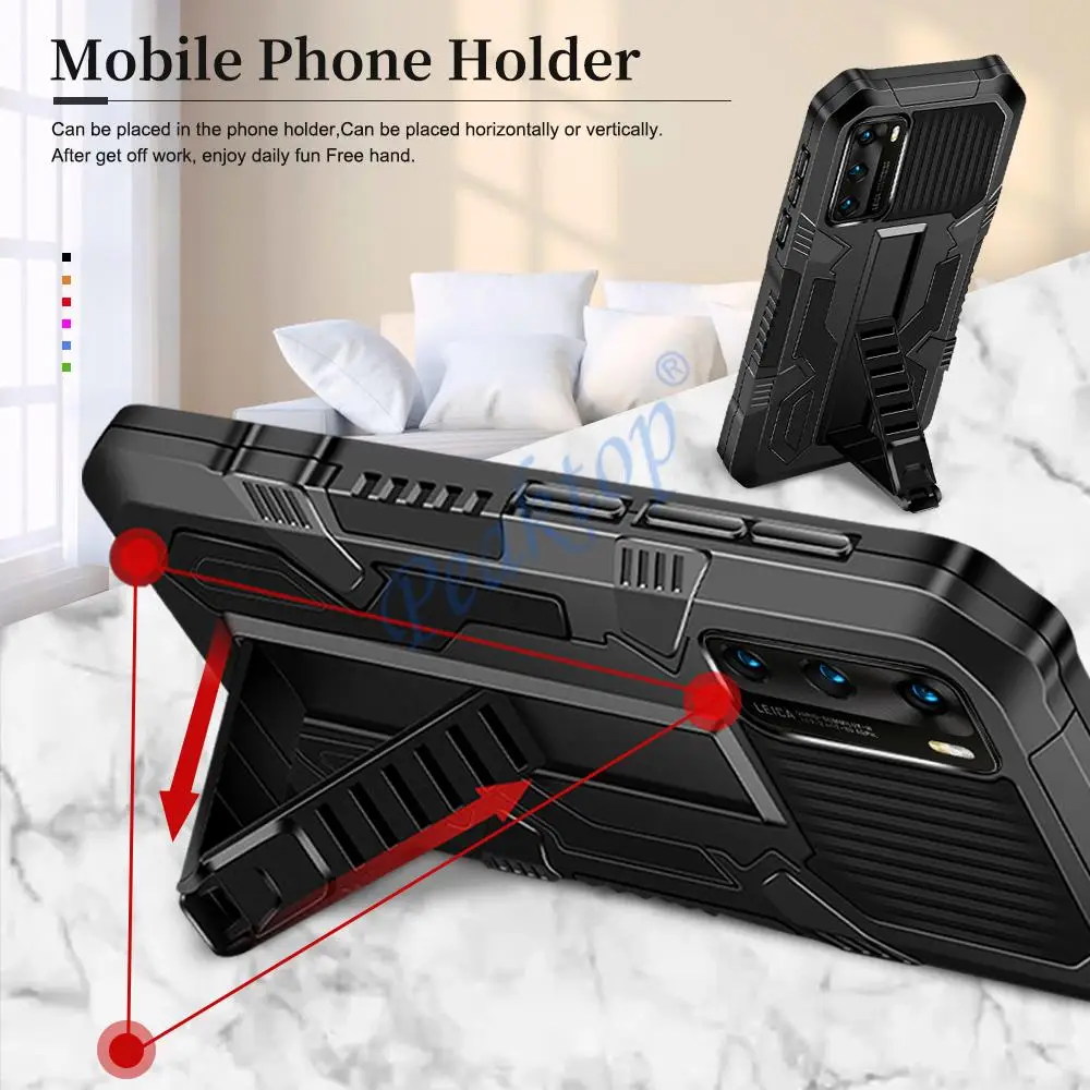 Rugged Armor Stand Ring Case For Huawei P40 Pro Lite E Honor 20 Nova 5T 7i Mobile Phone Back Cover Shell Luxury Black Red Holder