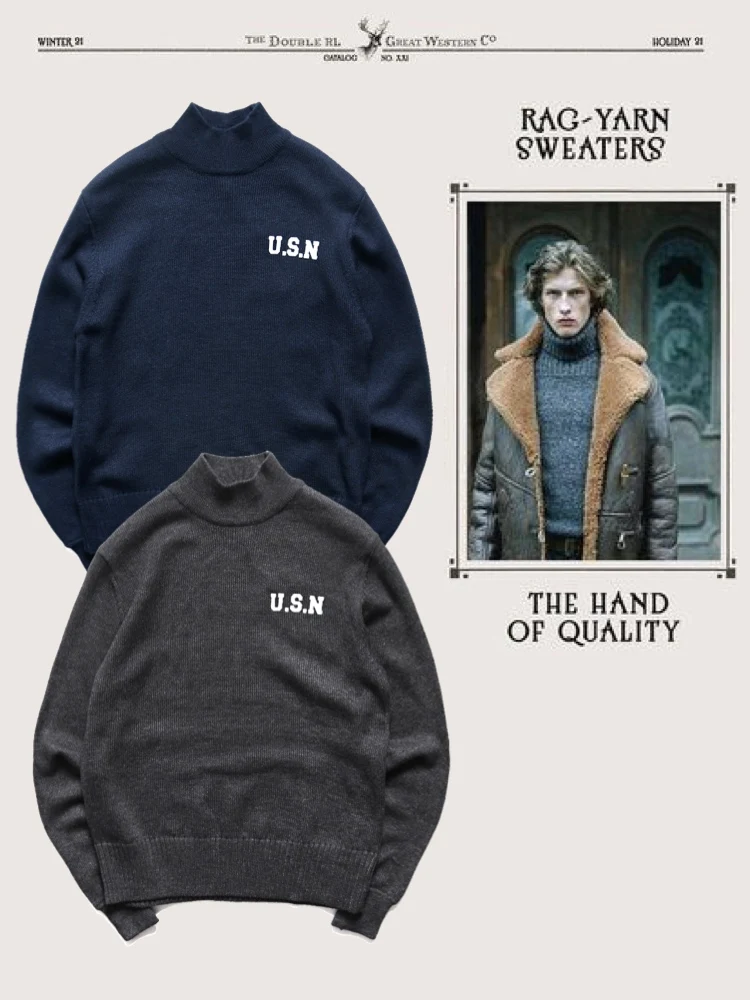 

Классический свитер USN Navy с высоким воротом, вязаный, в американском ретро-стиле, цвета хаки, повседневный, для молодых мужчин, зимний сезон, длинный рукав.