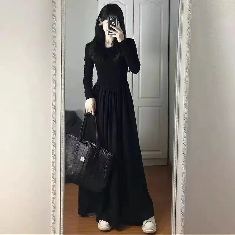 French Hepburn Black Long Sleeve Korean Edition New Style Elegant High End Dress