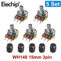 5 Set WH148 10K Potentiometer 15mm 3pin Rotary 1K 2K 5K 20K 50K 100K 250K 1M Linear Potentiometers with Aluminum Alloy Knob